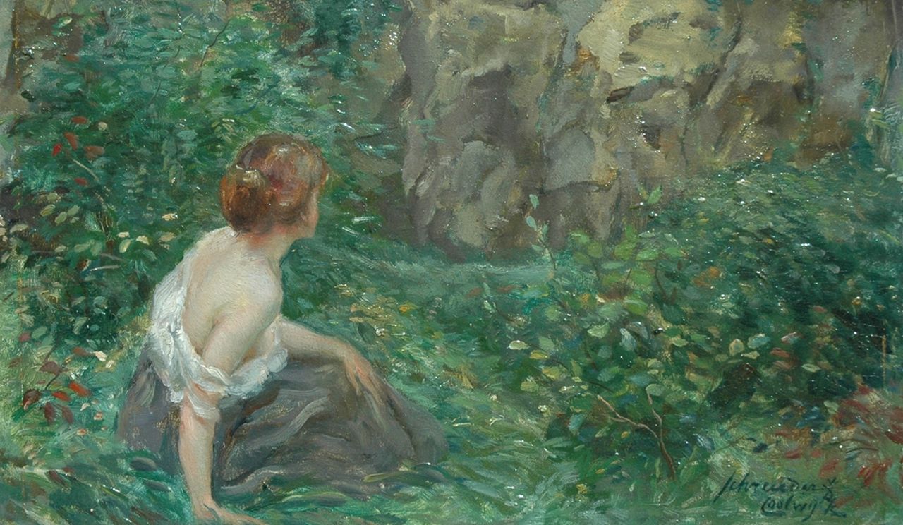 Schreuder van de Coolwijk J.H.W.M.  | 'Jan' Hendrik Willem Maurits Schreuder van de Coolwijk, Elegant young woman, resting in the woods, oil on panel 15.9 x 26.1 cm, signed l.r.