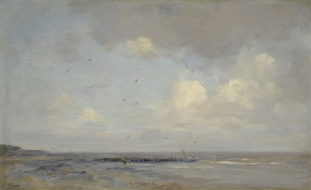 Maris J.H.  | Jacobus Hendricus 'Jacob' Maris, A view of a beach with a shrimper, oil on canvas 49.4 x 78.1 cm, signed l.l.