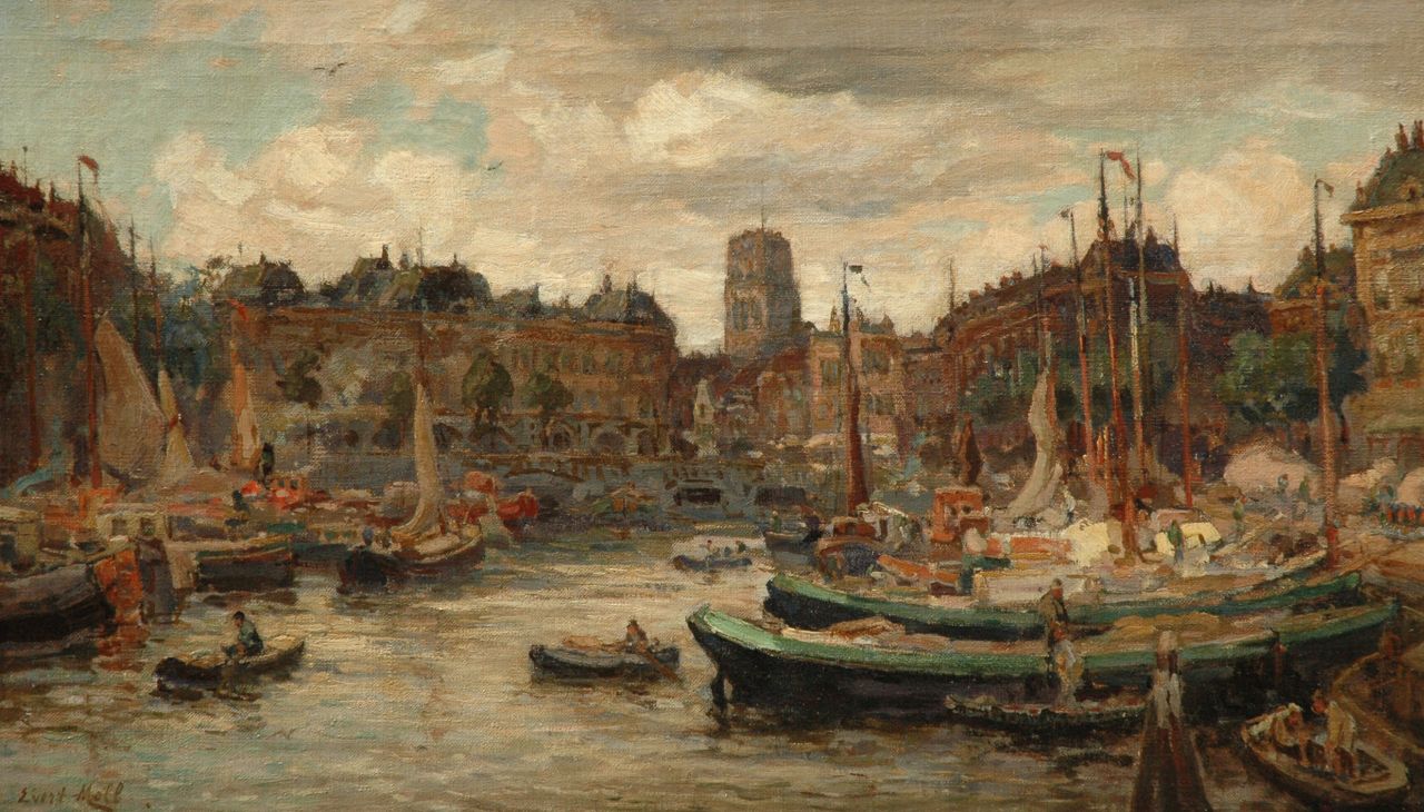 Moll E.  | Evert Moll, The Oude Haven with the Sint Laurenskerk, Rotterdam, oil on canvas 35.4 x 61.1 cm, signed l.l.