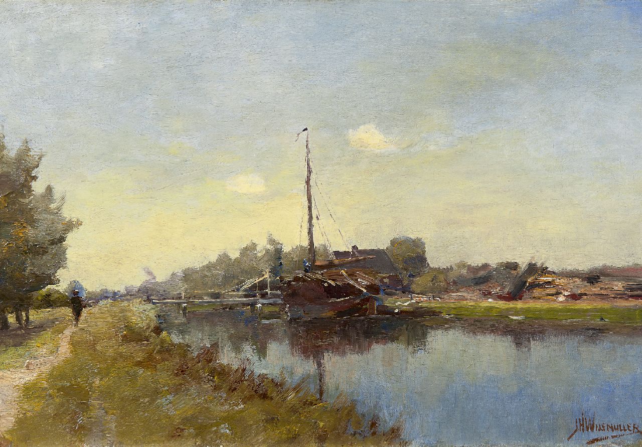 Wijsmuller J.H.  | Jan Hillebrand Wijsmuller, A ship moored in a canal, oil on canvas laid down on panel 33.8 x 49.0 cm, signed l.r.