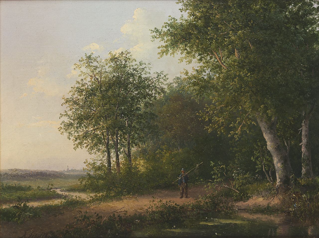 Schelfhout A.  | Andreas Schelfhout | Paintings offered for sale | Fisherman in a forest, oil on panel 26.0 x 34.5 cm, signed l.l. and painted ca. 1822