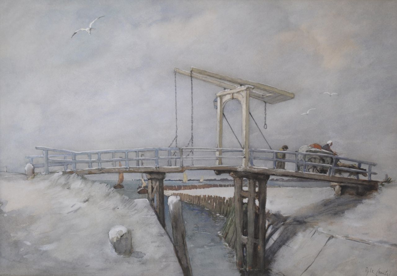 Comte A. le | Adolf le Comte, Figures on a drawbridge in winter, watercolour on paper 45.5 x 64.6 cm, signed l.r.