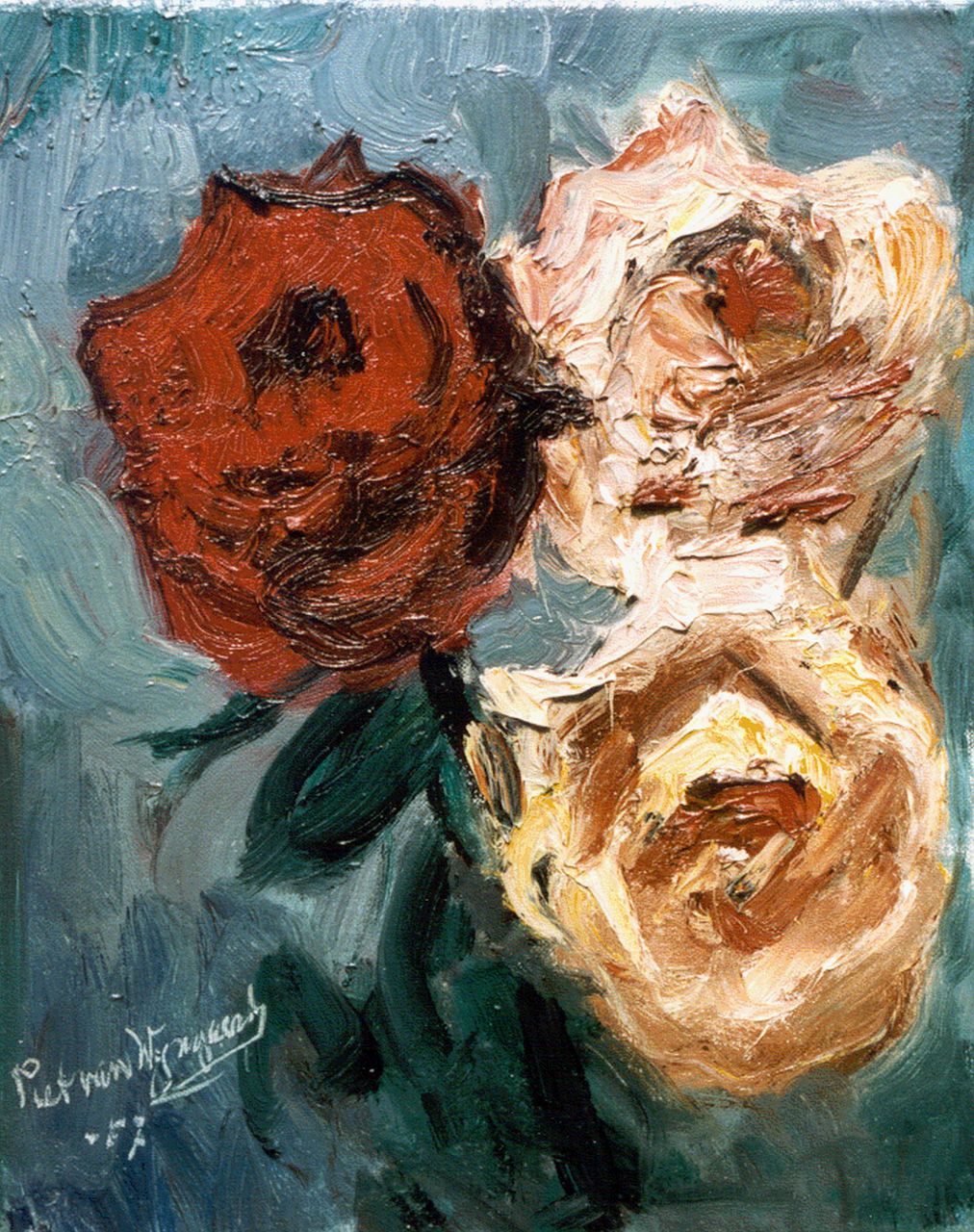 Wijngaerdt P.T. van | Petrus Theodorus 'Piet' van Wijngaerdt, Roses, oil on canvas 30.0 x 24.0 cm, signed l.l. and dated '57