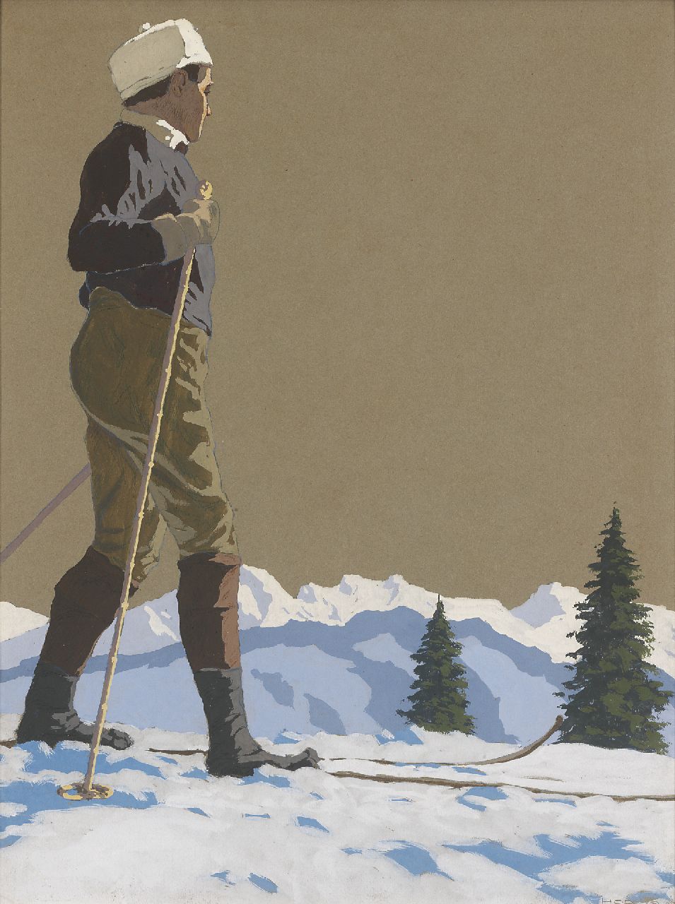 Hugo Hodiener/Hodina | Pioneer on skis, gouache on paper, 57.0 x 43.2 cm, signed l.r. and dated 1913