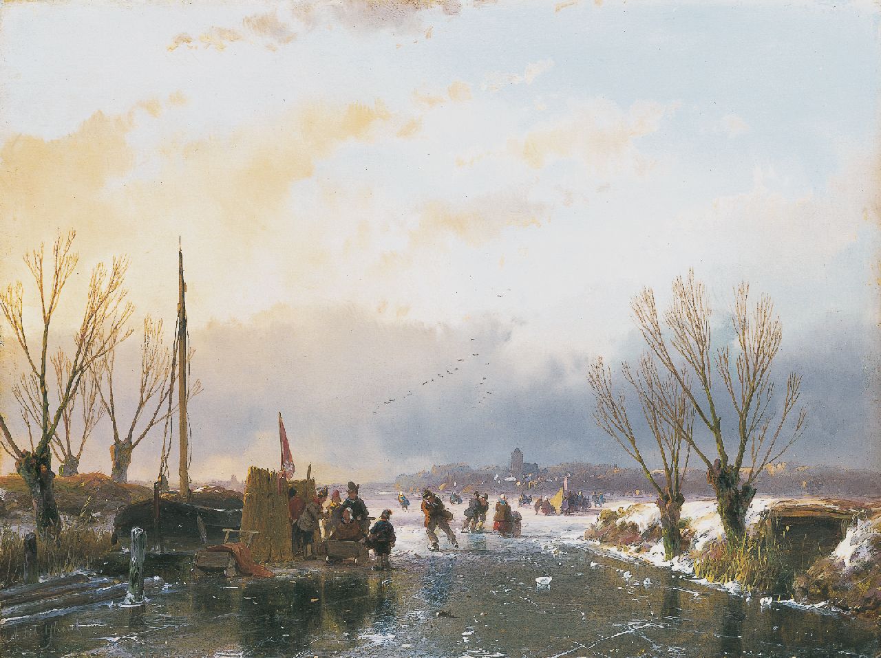 Schelfhout A.  | Andreas Schelfhout, A winter landscape with skaters and a 'koek-en-zopie', oil on panel 21.6 x 28.9 cm, signed l.l. and dated 1850