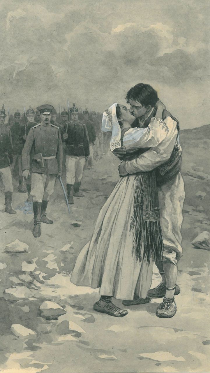 Onbekend Duitse School  | Onbekend | Watercolours and drawings offered for sale | The goodbye kiss, watercolour on paper 30.1 x 22.8 cm, signed l.l. 'Draga' (?) and painted beginning of the 20th century