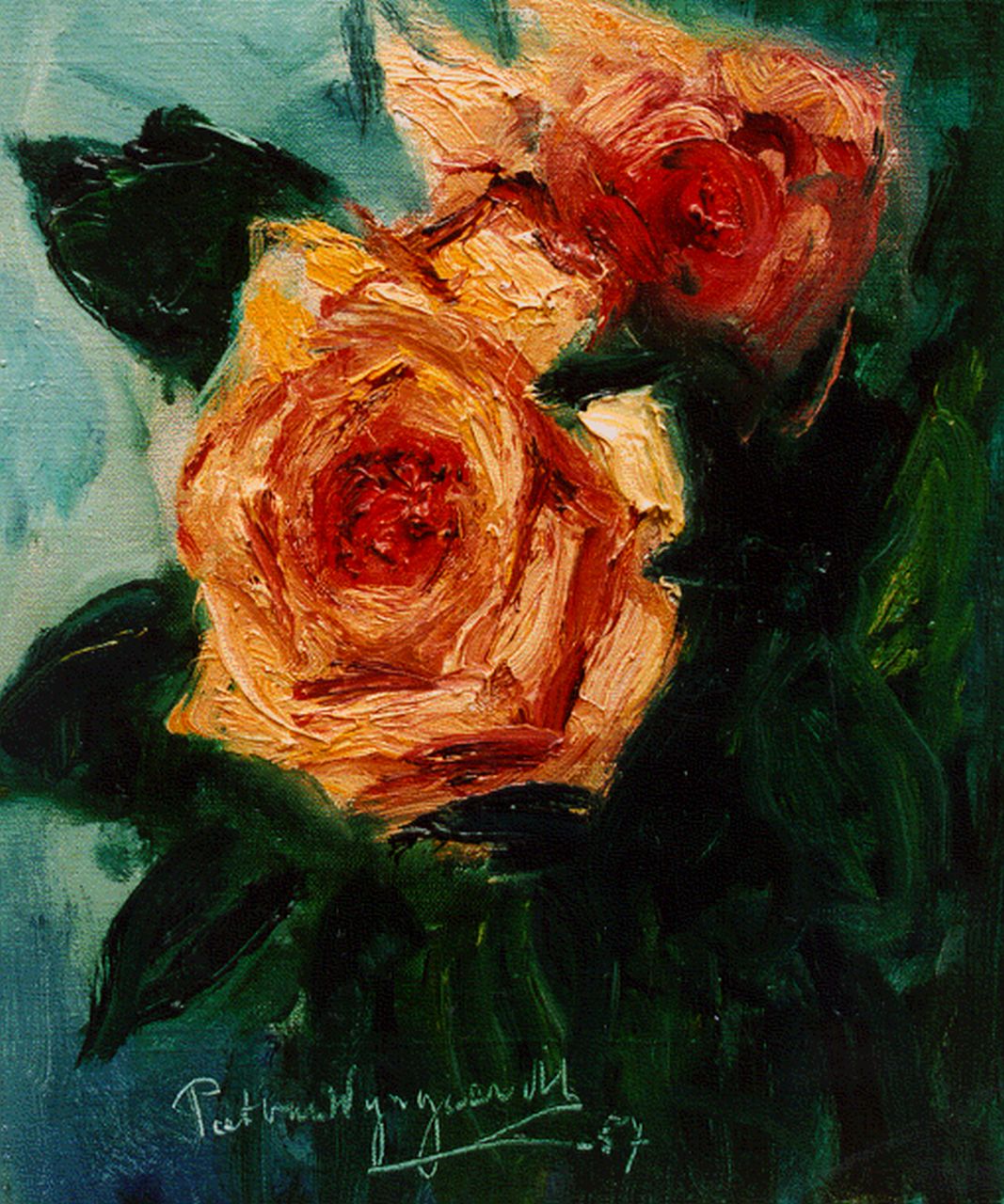 Wijngaerdt P.T. van | Petrus Theodorus 'Piet' van Wijngaerdt, Roses, oil on canvas 30.0 x 24.0 cm, signed l.l. and dated '57