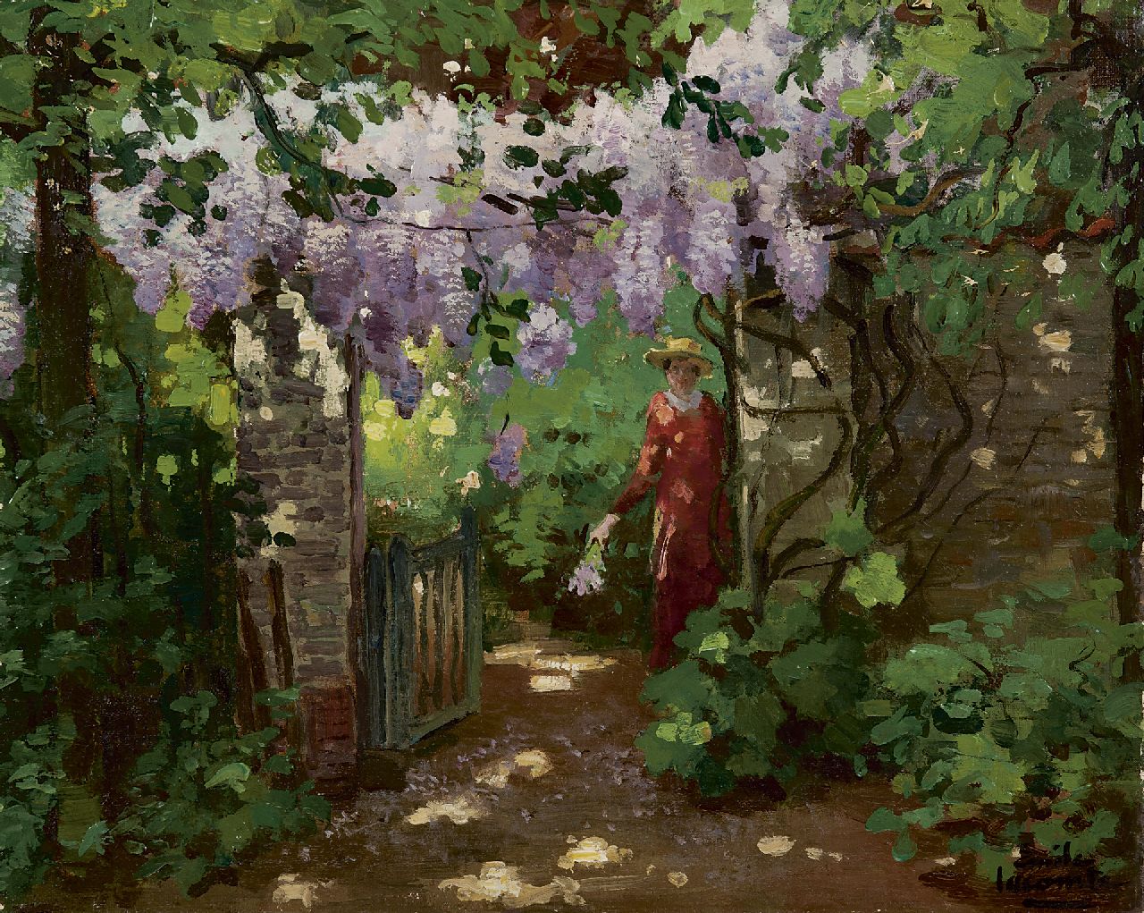 Lecomte E.  | Emile Lecomte, In the garden, oil on canvas 39.9 x 49.9 cm, signed l.r.