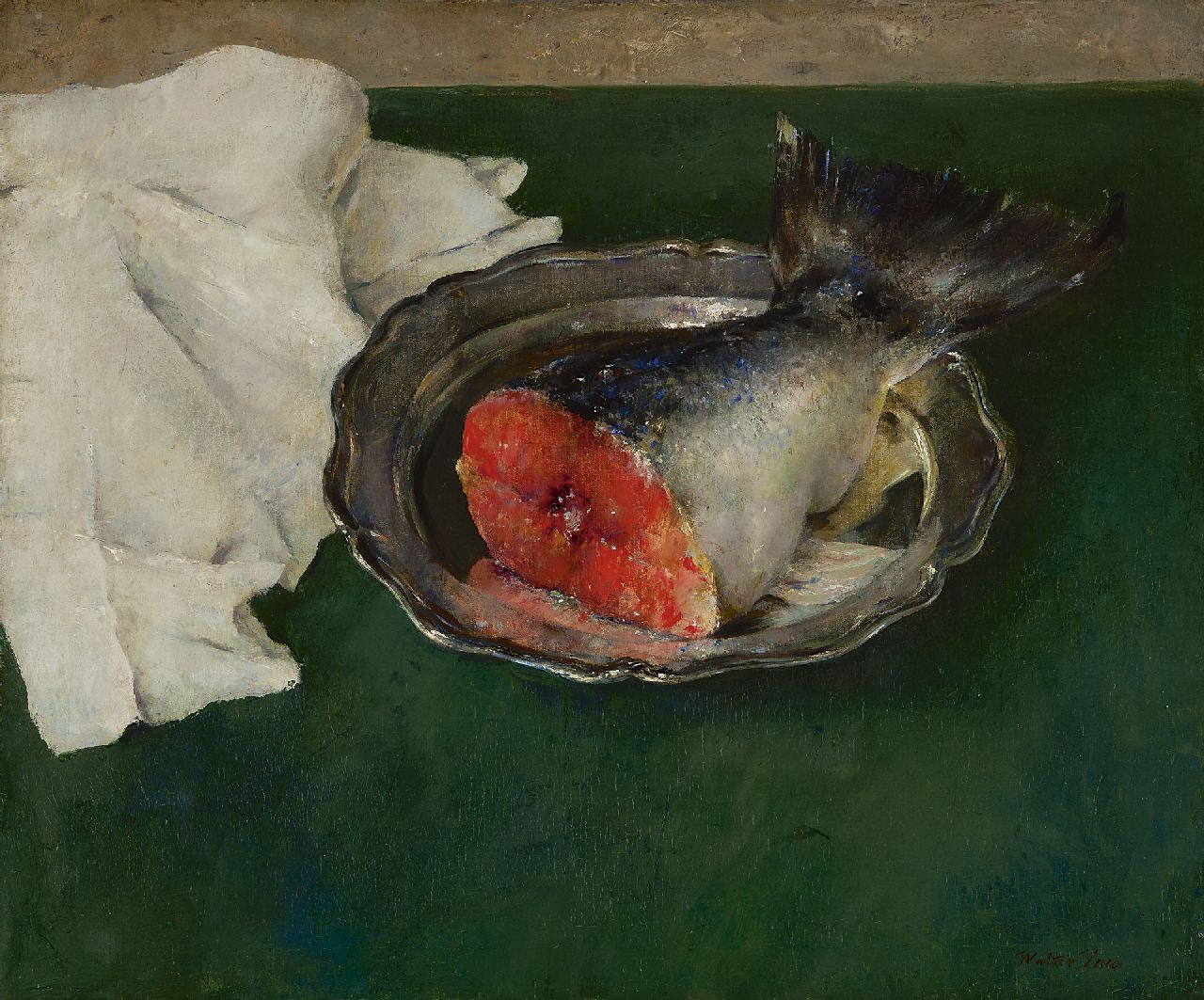 Vaes W.  | Walter Vaes, Salmon on a pewter plate, oil on canvas 49.9 x 60.1 cm, signed l.r.
