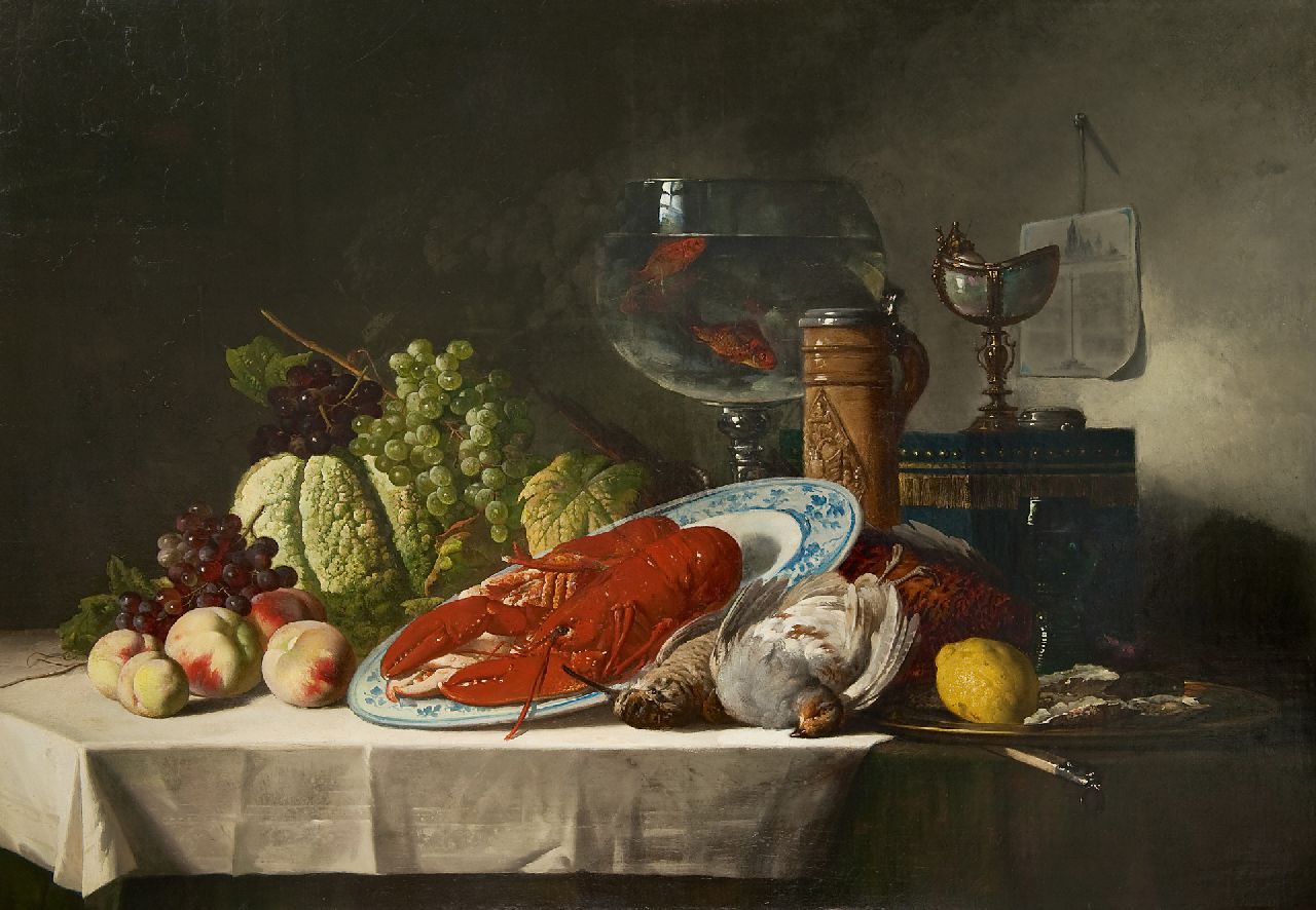 Luc Schaefels | Still life with a lobster and fish bowl, oil on canvas, 91.2 x 130.3 cm, signed l.r. and dated 1878