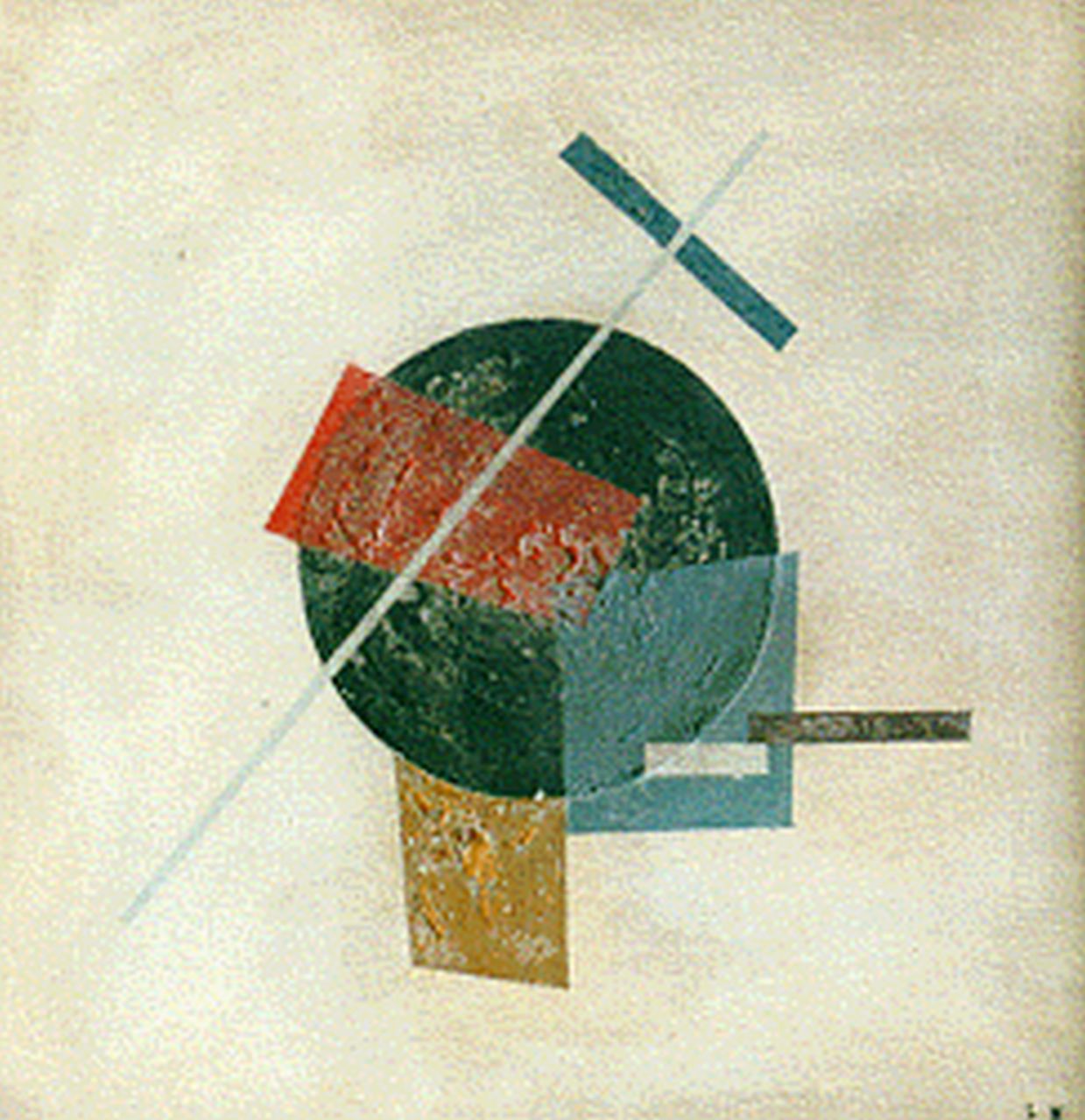 Kroha L.  | Ladislau Kroha, Suprematische compositie in zwart/geel/rood/blauw, oil on panel 25.2 x 25.0 cm, gesigneerd rechtsonder mon