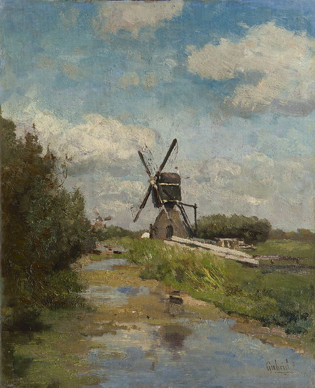 Gabriel P.J.C.  | Paul Joseph Constantin 'Constan(t)' Gabriel, Windmill in the Westbroekpolder near Zoeterwoude, oil on canvas laid down on panel 32.5 x 26.1 cm, signed l.r.