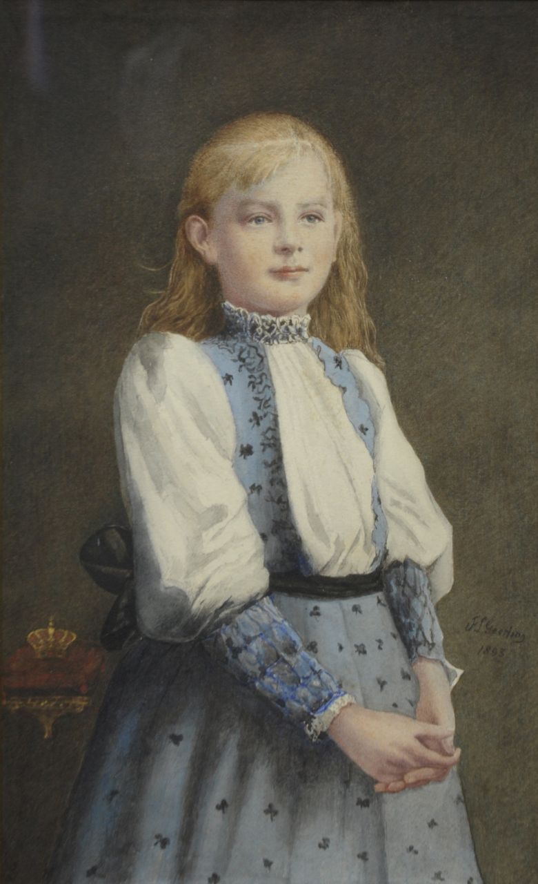 Geerling F.L.  | Frederik Lambertus Geerling, A portrait of princess Wilhelmina at the age of thirteen, pencil and watercolour on paper 39.5 x 24.0 cm, signed c.r. and on protecting cardboard on the reverse and dated 1893