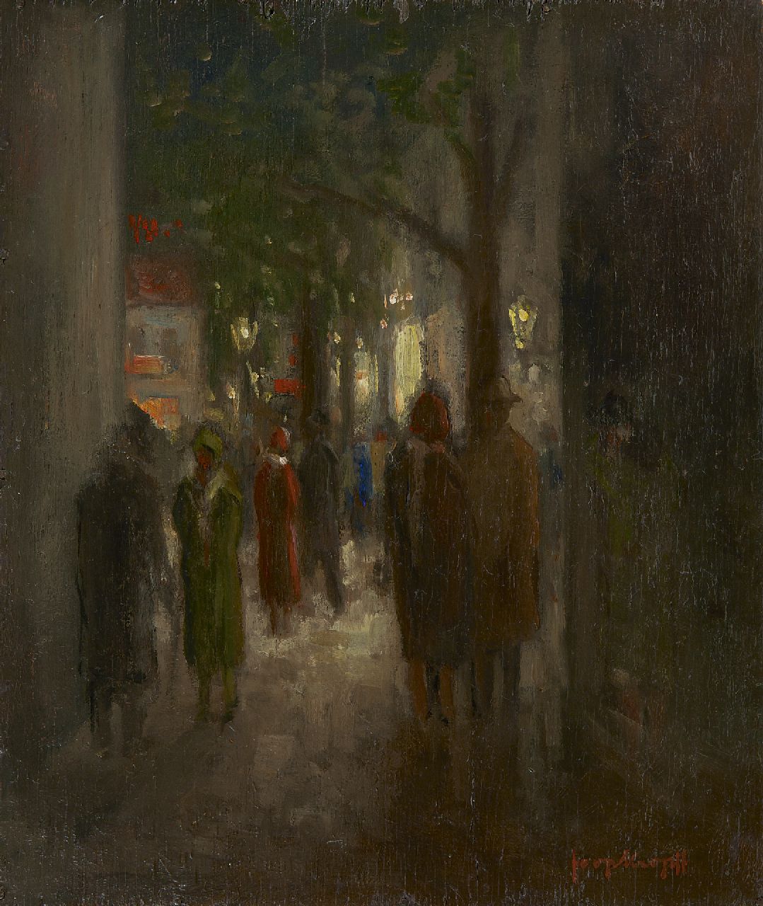 Kropff J.  | Johan 'Joop' Kropff, A street scene by night, oil on panel 31.7 x 26.9 cm, signed l.r.