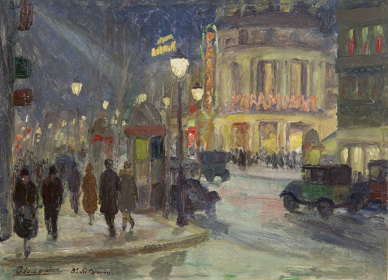 Géo-Lachaux G.M.  | Georges Marius Géo-Lachaux, The Paramount Theatre on the Boulevard des Capucines, Paris, oil on panel 24.1 x 33.2 cm, signed l.l.