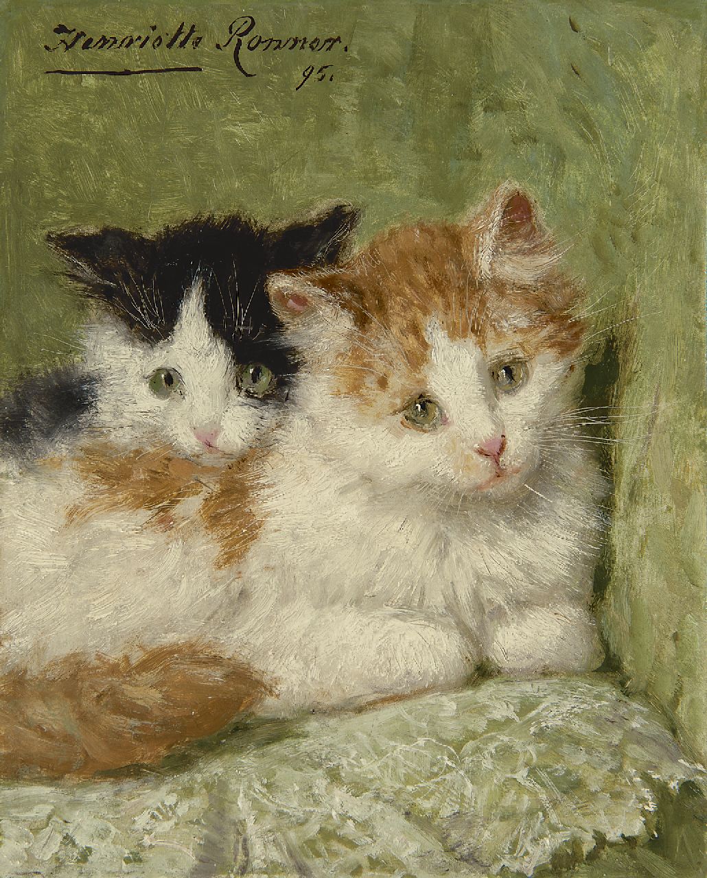 Ronner-Knip H.  | Henriette Ronner-Knip, Two kittens sitting on a cushion, oil on panel 20.9 x 16.7 cm, signed u.l. and dated '95