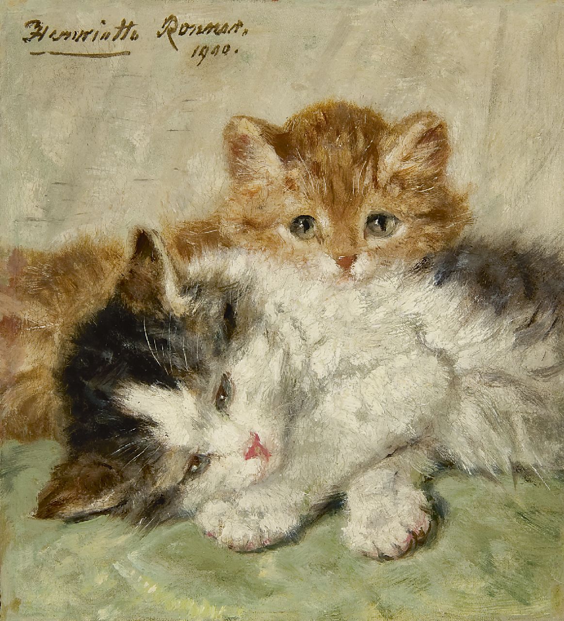Ronner-Knip H.  | Henriette Ronner-Knip, Snoozing kittens, oil on panel 17.9 x 16.5 cm, signed u.l. and dated 1900