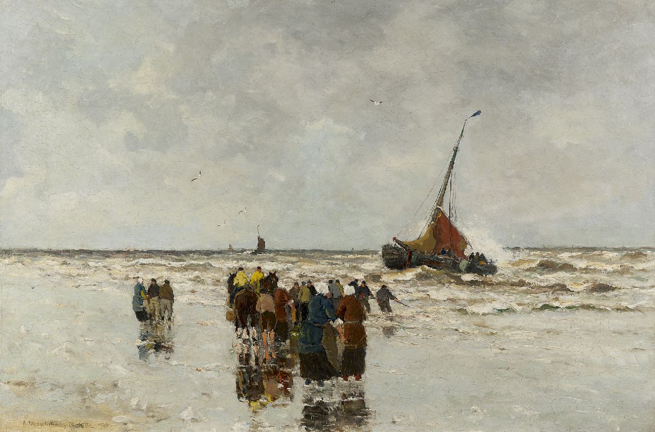 Munthe G.A.L.  | Gerhard Arij Ludwig 'Morgenstjerne' Munthe, Fisherfolk waiting on the beach, oil on canvas 61.1 x 92.0 cm, signed l.l. and on left border and dated 1926