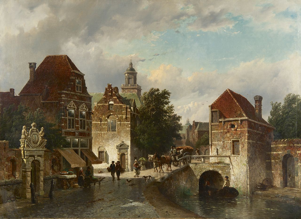 Vrolijk J.A.  | Jacobus 'Adriaan' Vrolijk, Townview with the gate of the Sint Nicolaas Gasthuis of The Hague, oil on canvas 70.8 x 96.7 cm, signed l.l. and on the gate and dated on the gate 1861