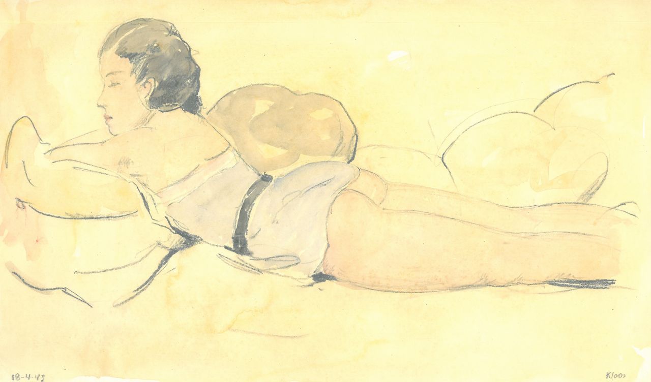 Kloos C.  | Cornelis Kloos | Watercolours and drawings offered for sale | Reclining woman in a small blue dress, pencil and watercolour on paper 18.2 x 30.9 cm, signed l.r. and dated 18-4-43