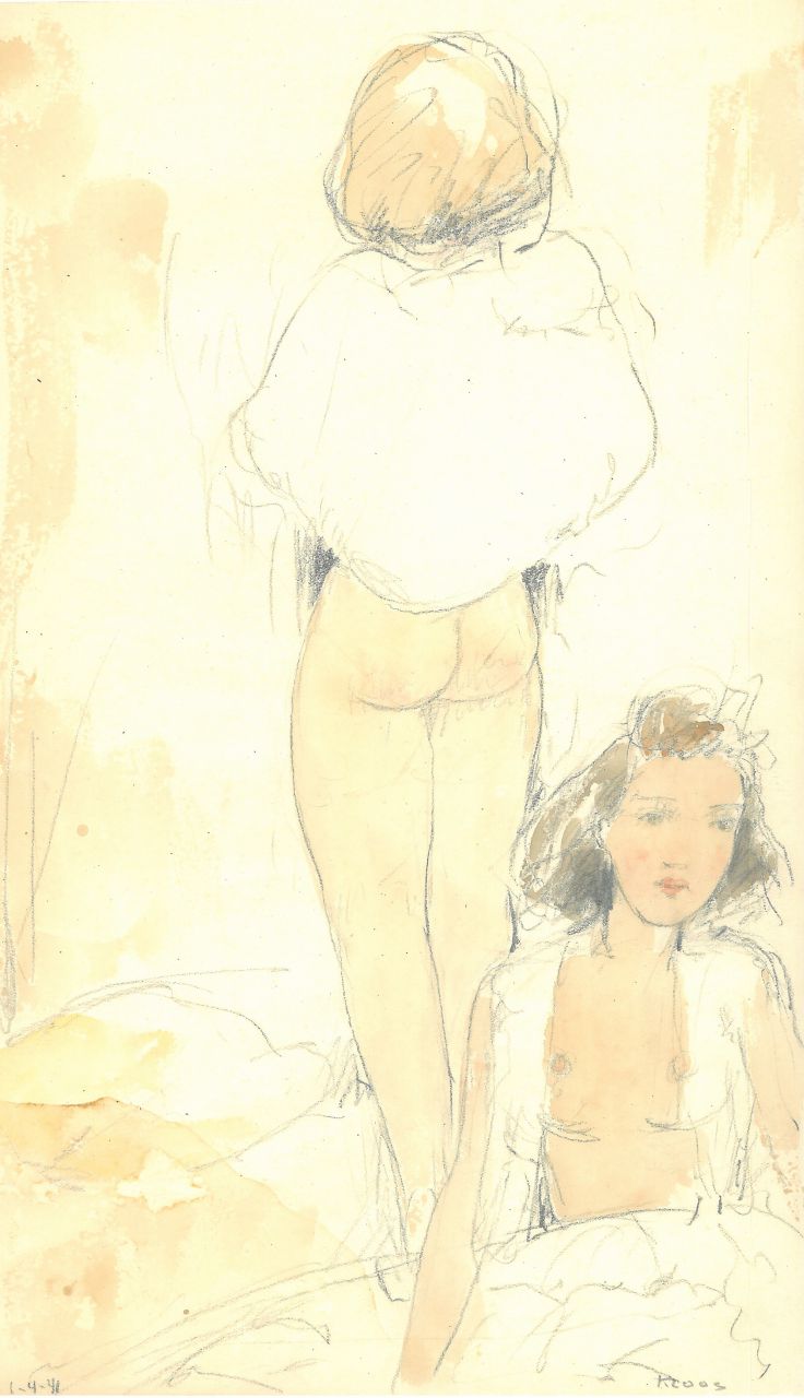 Kloos C.  | Cornelis Kloos, Two women, half naked, pencil and watercolour on paper 30.8 x 18.0 cm, signed l.r. and dated 1-4-41