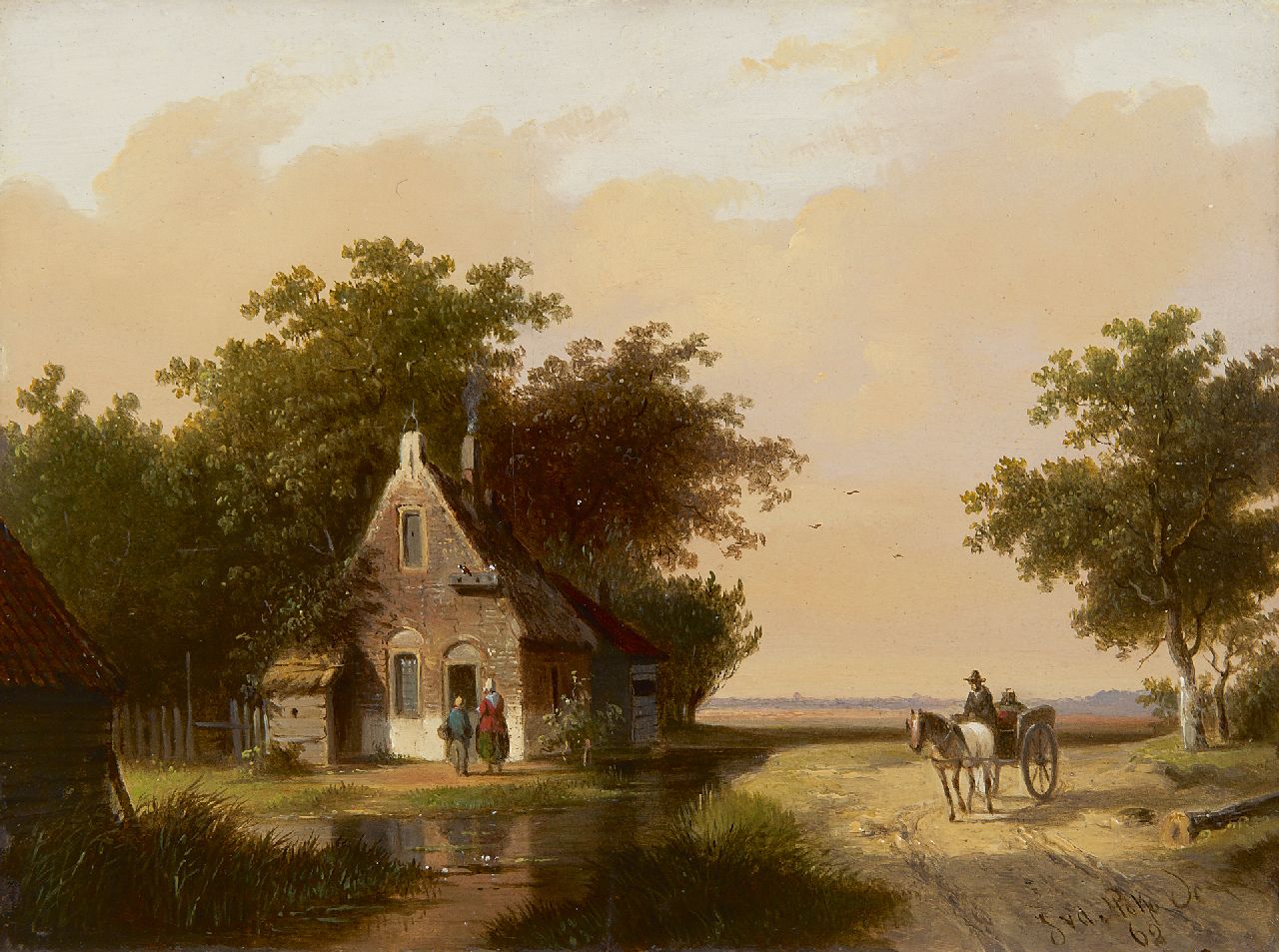 Stok J. van der | Jacobus van der Stok, Landscape with figures near a small house, oil on panel 18.9 x 25.3 cm, signed l.r. and dated '62