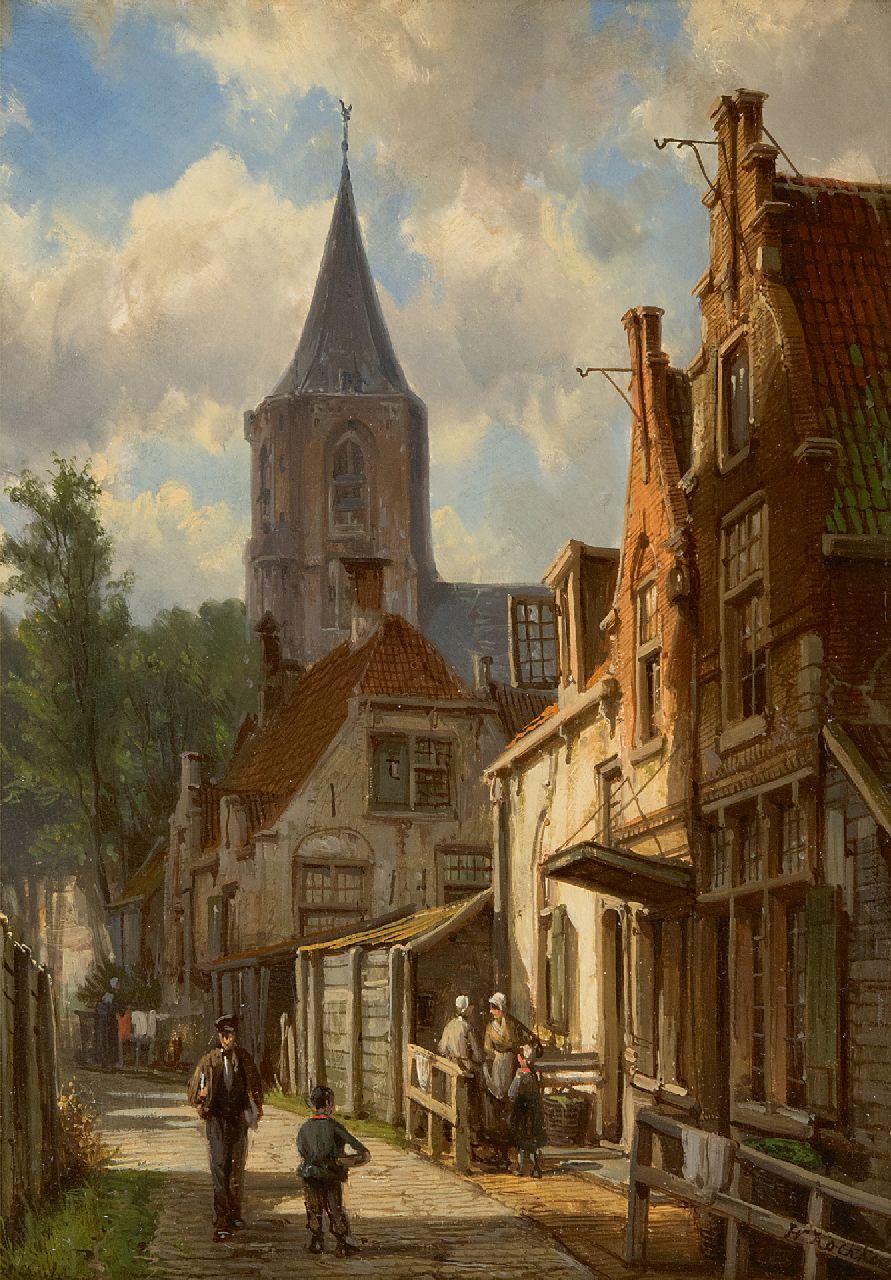 Koekkoek W.  | Willem Koekkoek, Sunny street with figures, oil on panel 32.3 x 23.0 cm, signed l.r.