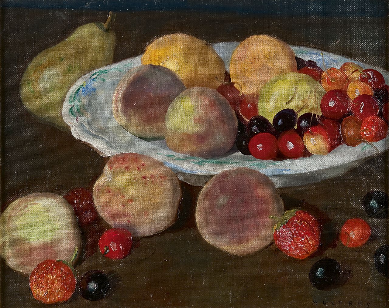 Multrus J.  | Josef Multrus, A fruit still life with peaches and cherries, oil on canvas 25.7 x 31.5 cm, signed l.r.