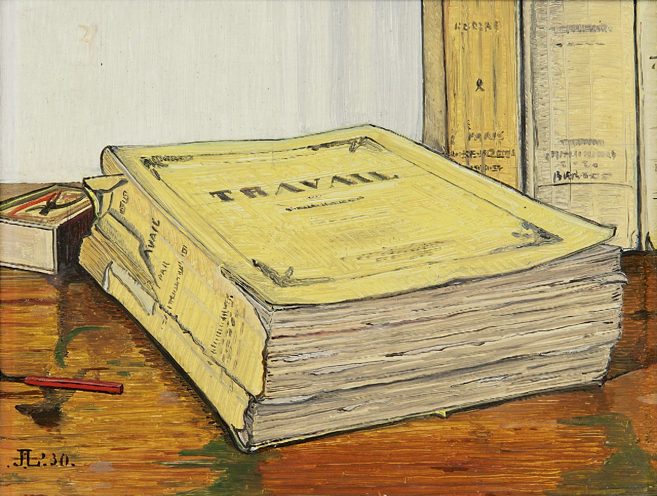 Lodeizen J.  | Johannes 'Jo' Lodeizen, A still life with the book 'Travail' by Emile Zola, oil on panel 16.1 x 21.1 cm, signed l.l. with monogram and dated ' 30