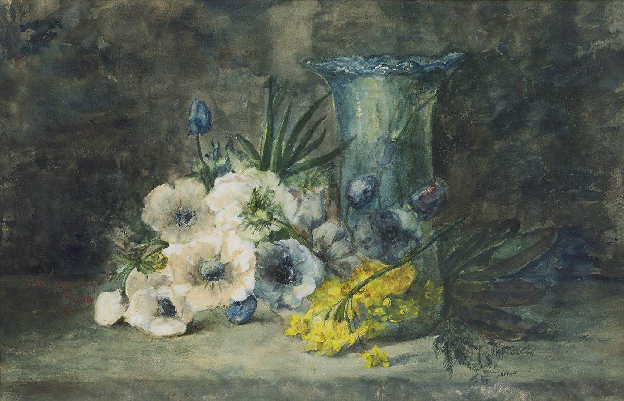 Hogendorp-'s Jacob A.J. van | Adrienne Jacqueline van Hogendorp-'s Jacob, Flowers and a glass vase on a stone table, watercolour on paper 35.5 x 55.0 cm, signed l.l.