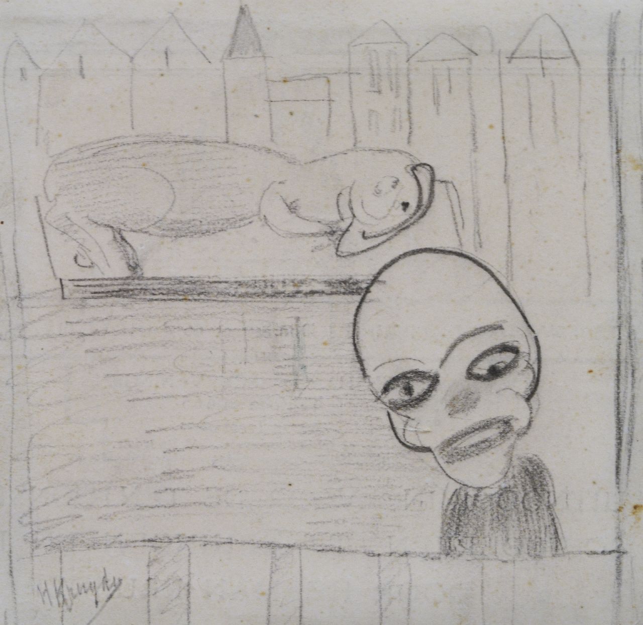 Kruyder H.J.  | 'Herman' Justus Kruyder | Watercolours and drawings offered for sale | A clown and an animal, black chalk on paper 10.0 x 10.2 cm, signed l.l.