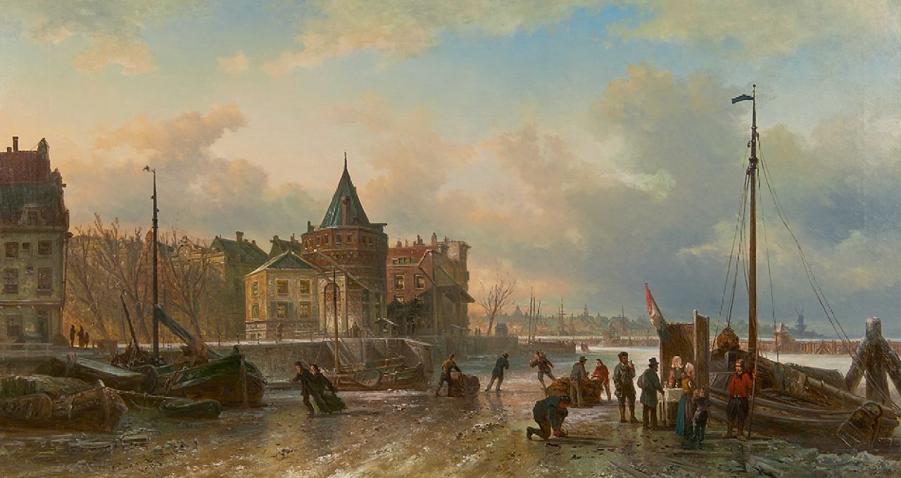 Bommel E.P. van | Elias Pieter van Bommel, On the ice near the Schreierstoren, Amsterdam, oil on canvas 54.3 x 100.4 cm, signed l.l. and dated 1883