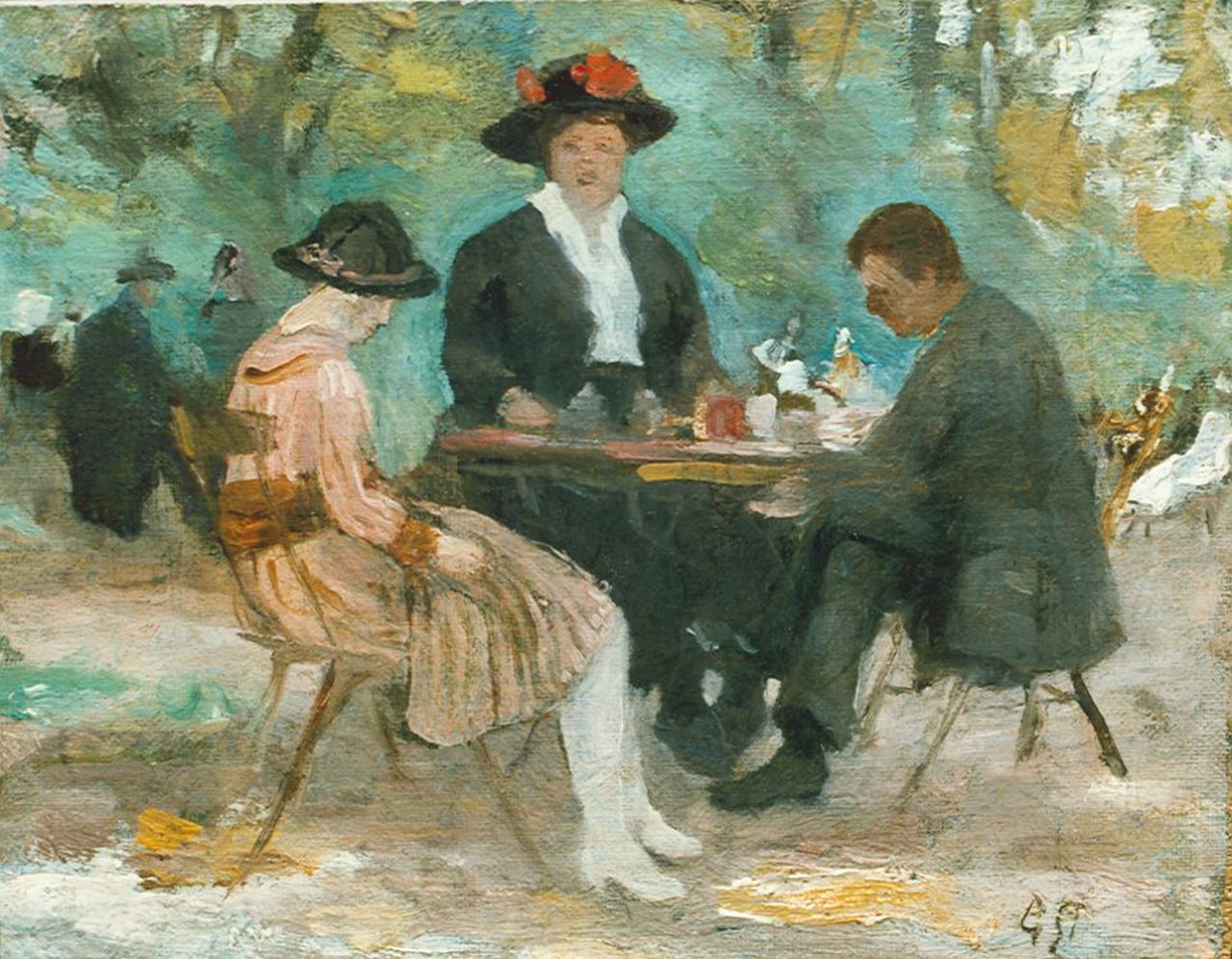 Stegeman G.  | Gerrit 'Gert' Stegeman, Teatime, oil on panel 18.2 x 23.5 cm, signed l.r. with monogram