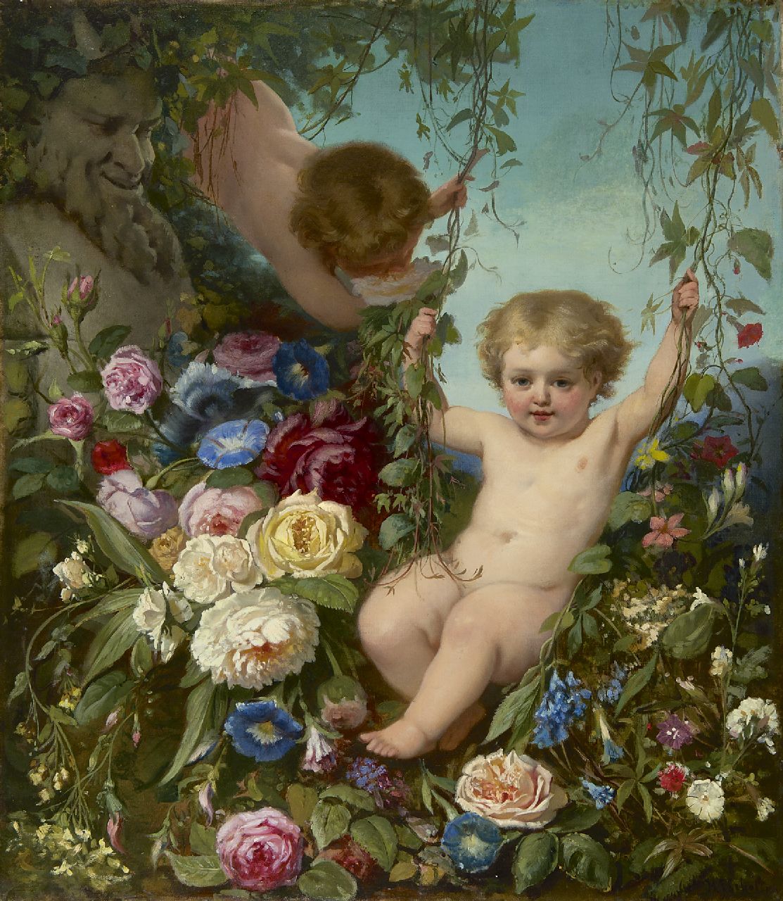 Scholten H.J.  | Hendrik Jacobus Scholten, Putti in a flowergarden, oil on canvas 76.5 x 66.5 cm, signed l.r.