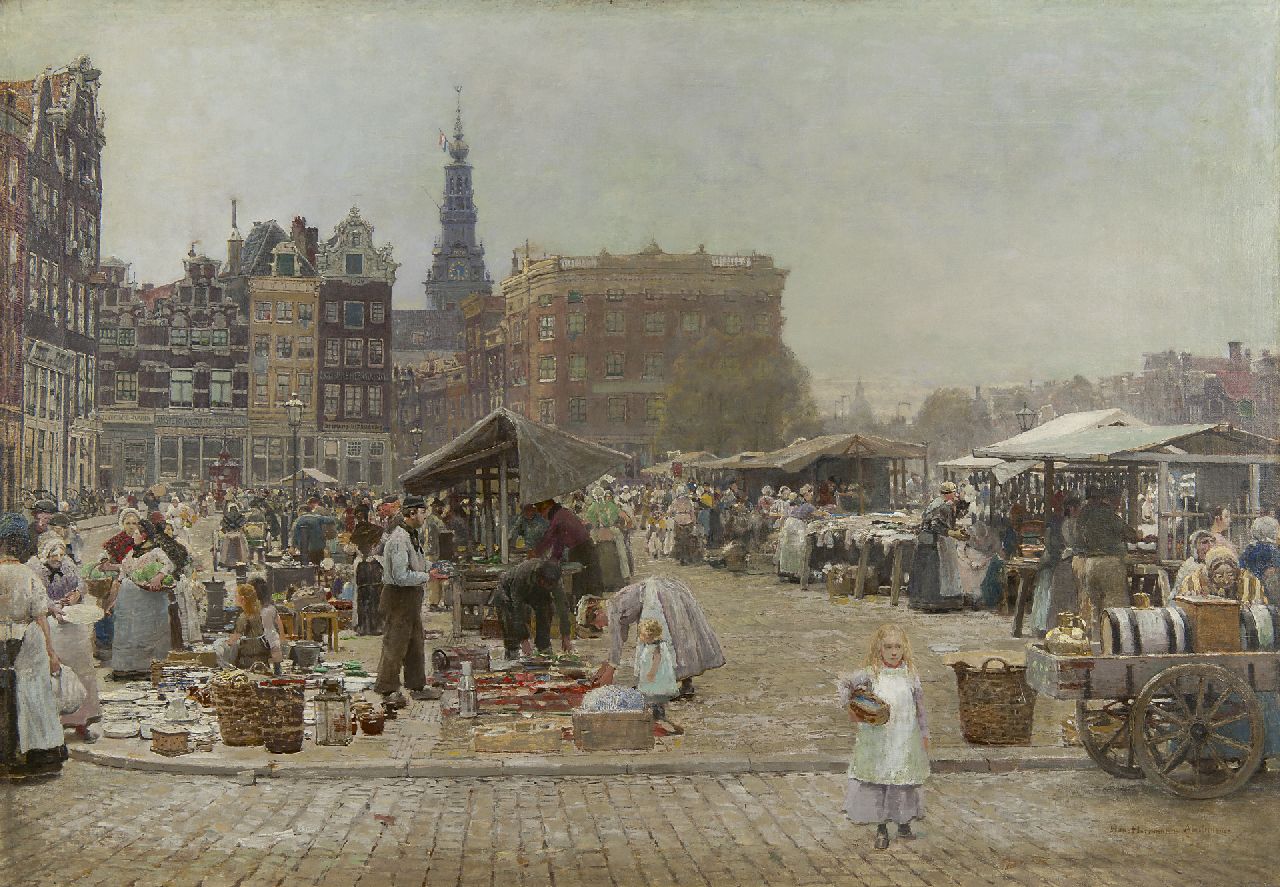 Herrmann J.E.R.  | Johann Emil Rudolf 'Hans' Herrmann, View on the 'Nieuwmarkt', Amsterdam, oil on canvas 84.9 x 121.9 cm, signed l.r.