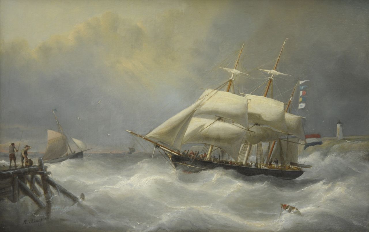 Riegen N.  | Nicolaas Riegen, A sailing boat, oil on canvas laid down on board 44.1 x 67.9 cm, signed l.l.