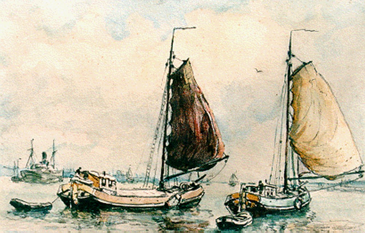 Moll E.  | Evert Moll, Tjalken op de rivier, mixed media on paper 14.0 x 19.0 cm, gesigneerd linksonder