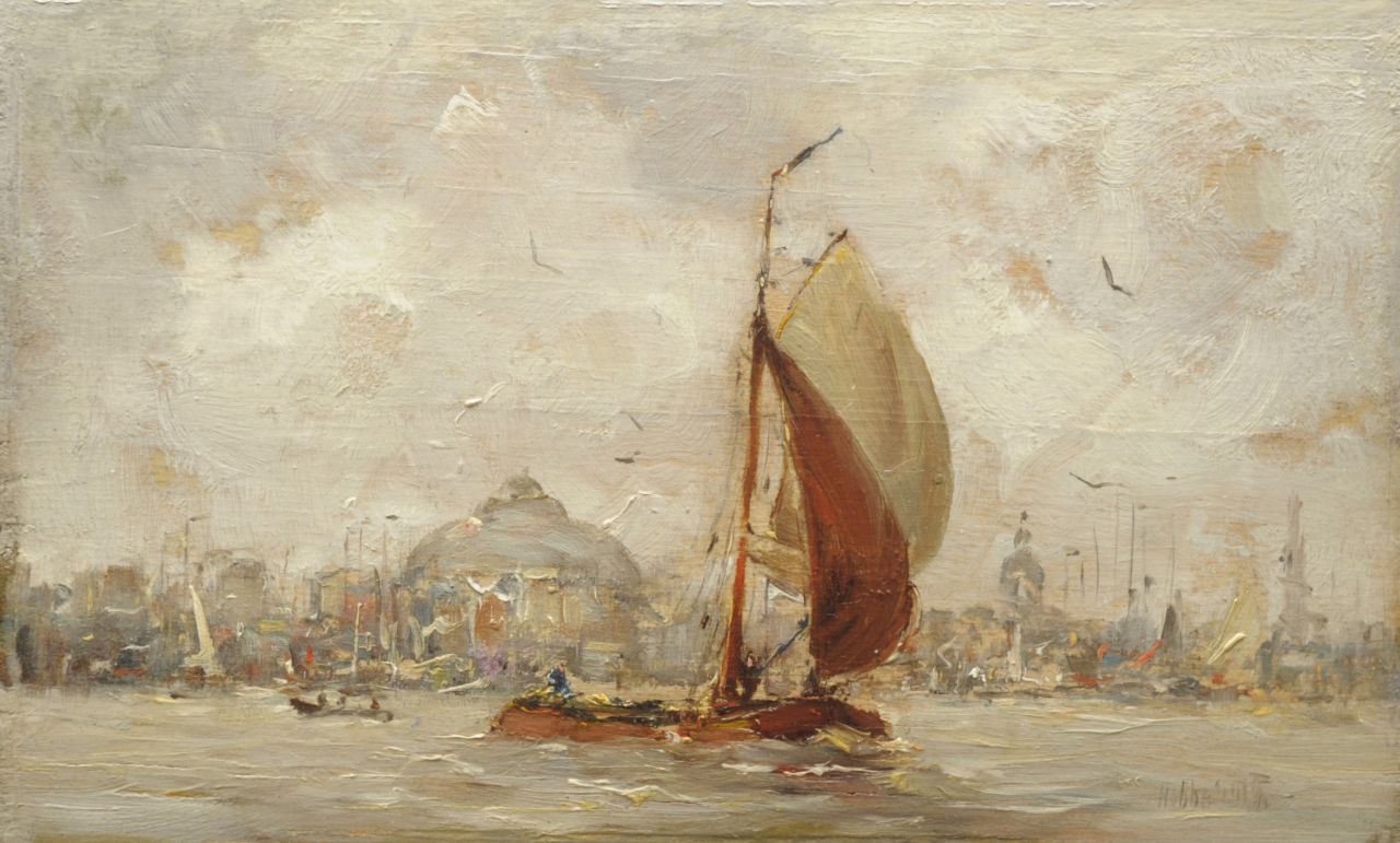 Smith H.  | Hobbe Smith, Sailing vessel with Amsterdam in the background, oil on panel 13.0 x 21.1 cm, signed l.r.