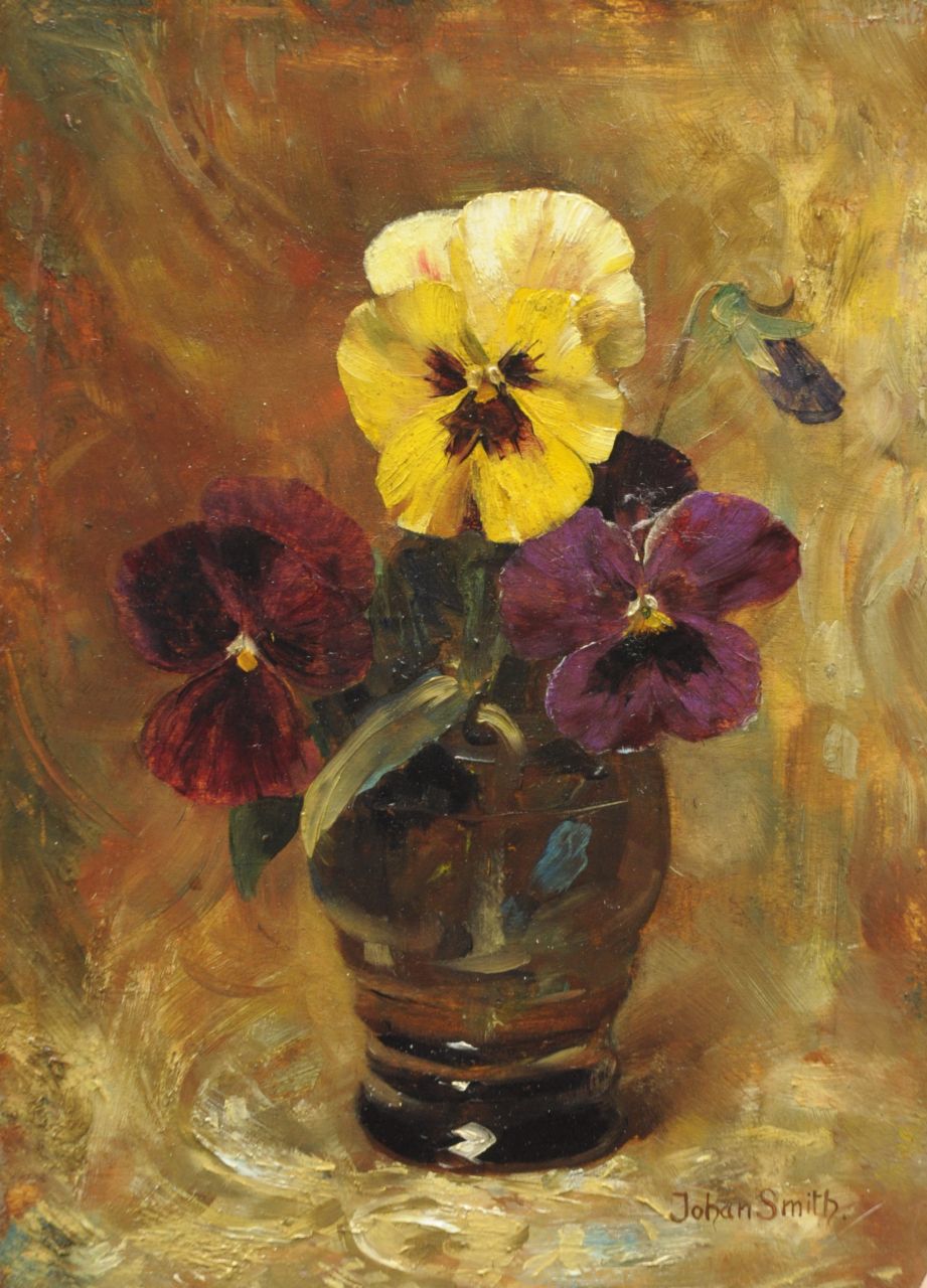 Johan Smith | Pansies in a glass, oil on panel, 24.2 x 16.9 cm, signed l.r.