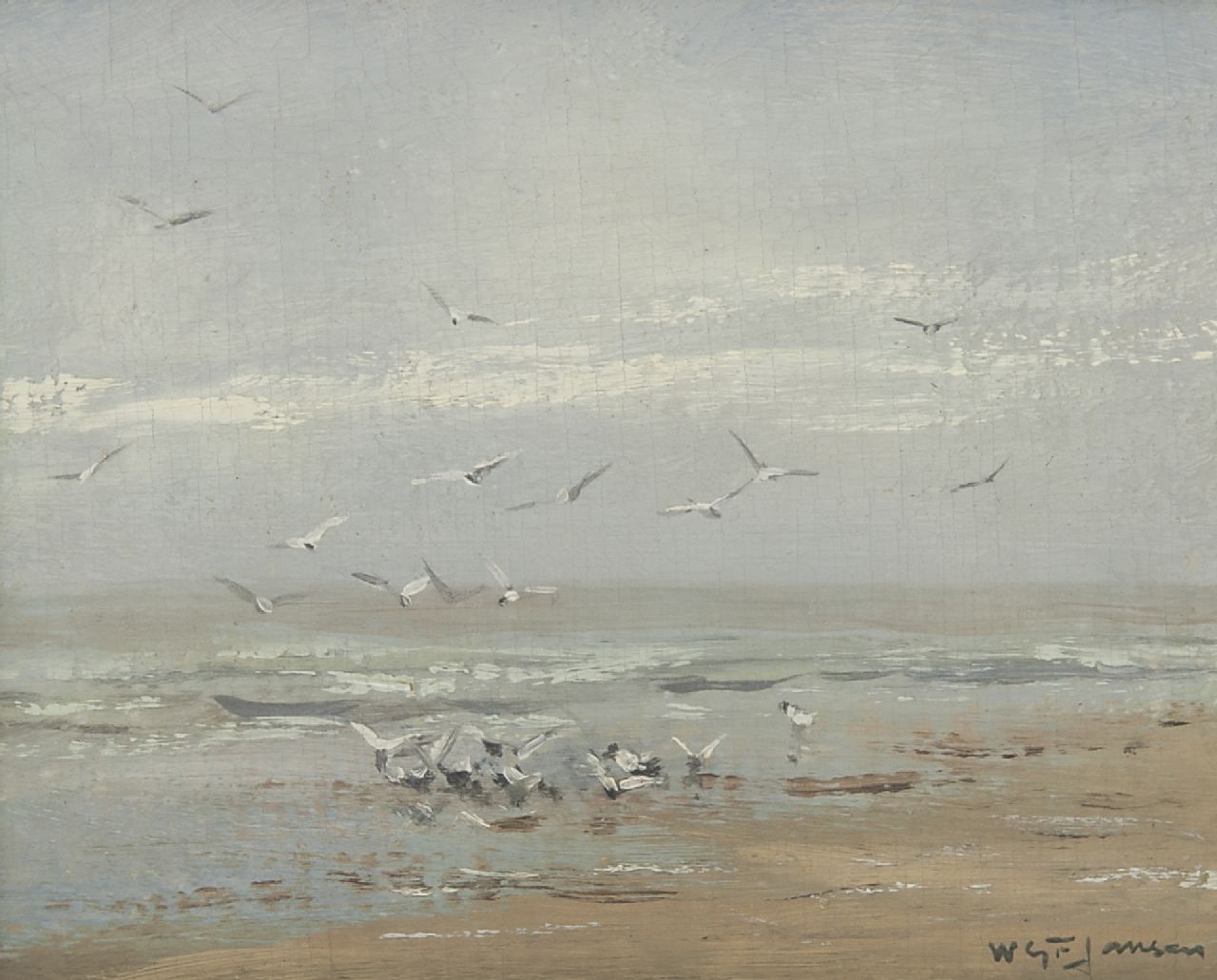 Jansen W.G.F.  | 'Willem' George Frederik Jansen, Seagulls on the coast, oil on canvas 19.5 x 26.0 cm, signed l.r.