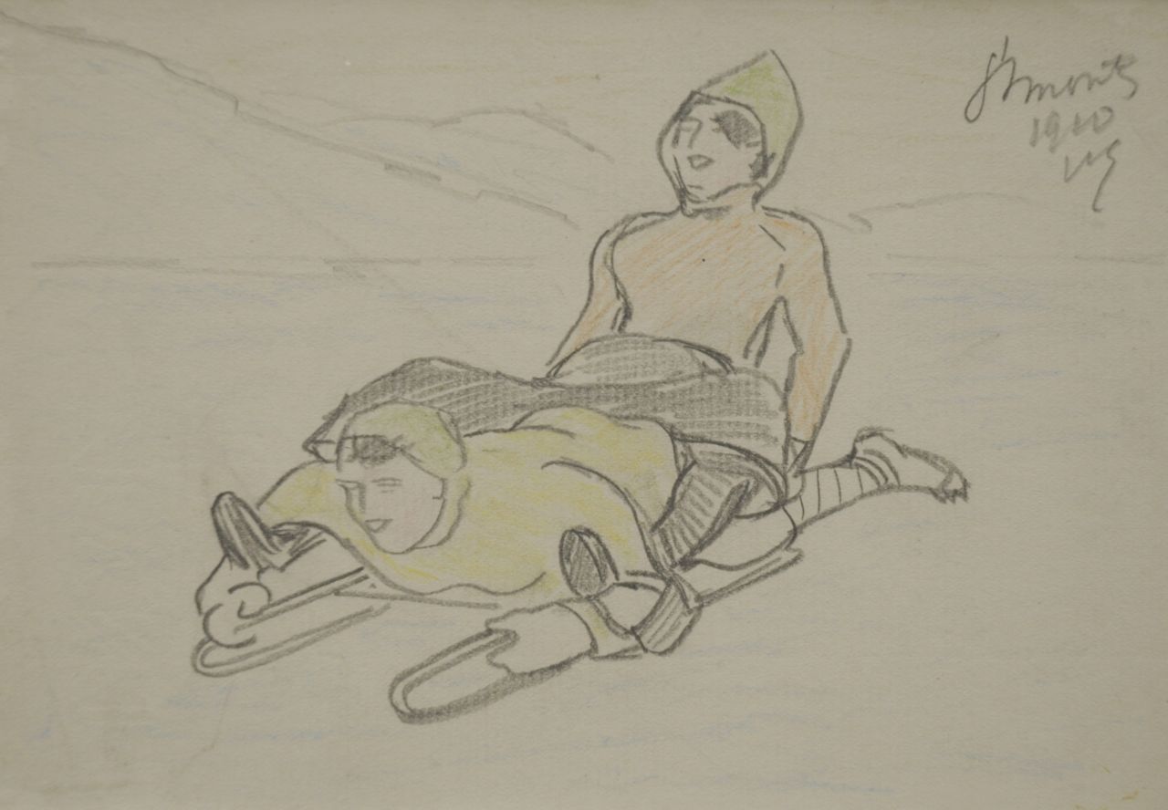 Sluiter J.W.  | Jan Willem 'Willy' Sluiter, Two on the bobsled, pencil and coloured pencil on paper 11.3 x 16.2 cm, signed u.r. with initials and dated 1910