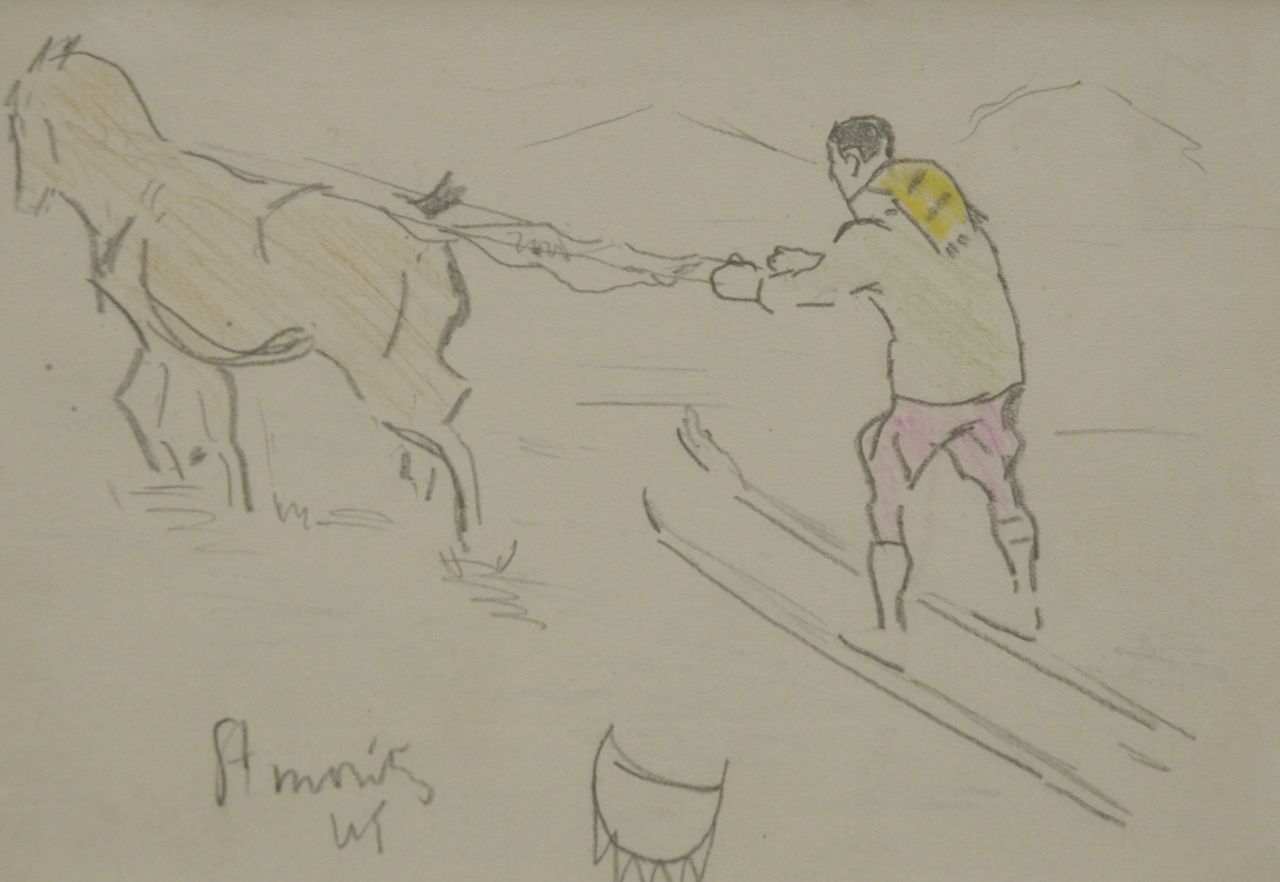 Sluiter J.W.  | Jan Willem 'Willy' Sluiter, Ski joering, St. Moritz 1910, pencil and coloured pencil on paper 11.0 x 15.9 cm, signed l.l. with initials and dated 1910