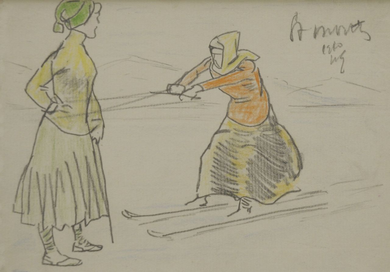 Sluiter J.W.  | Jan Willem 'Willy' Sluiter, Ski joering, St. Moritz 1910, pencil and coloured pencil on paper 11.8 x 16.5 cm, signed u.r. with initials and dated 1910