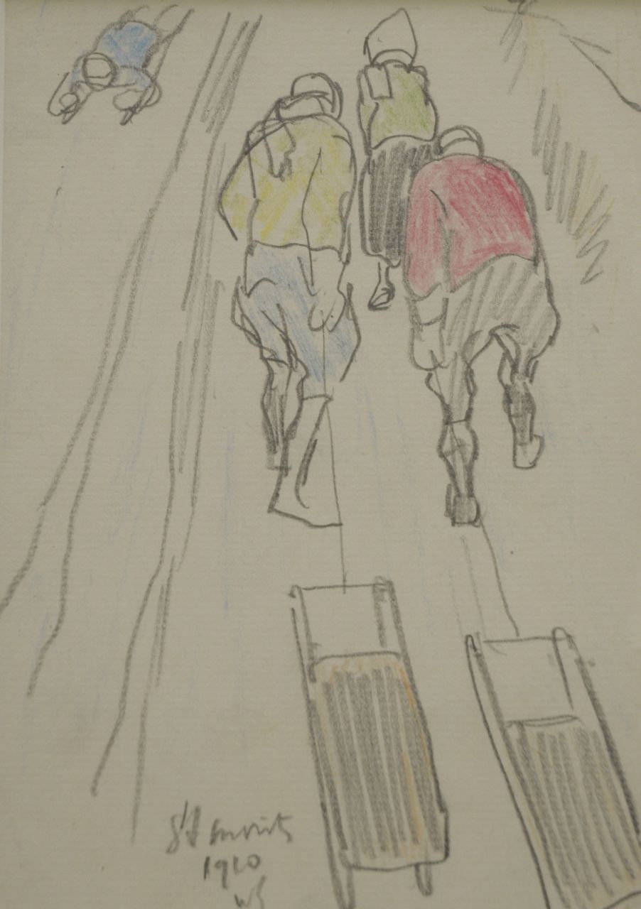 Sluiter J.W.  | Jan Willem 'Willy' Sluiter, Pulling the sledge up the slopes, St. Moritz, pencil and coloured pencil on paper 17.0 x 11.8 cm, signed l.m. with initials and dated 1910