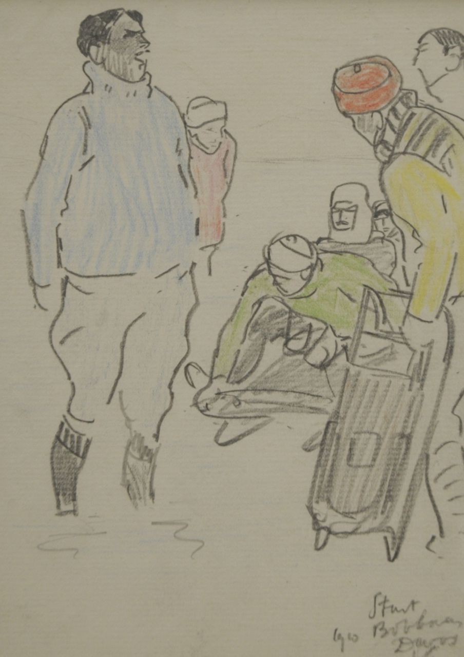 Sluiter J.W.  | Jan Willem 'Willy' Sluiter, Start bobsled track, Davos 1910, pencil and coloured pencil on paper 16.9 x 11.8 cm, signed l.r. with initials and dated 1910