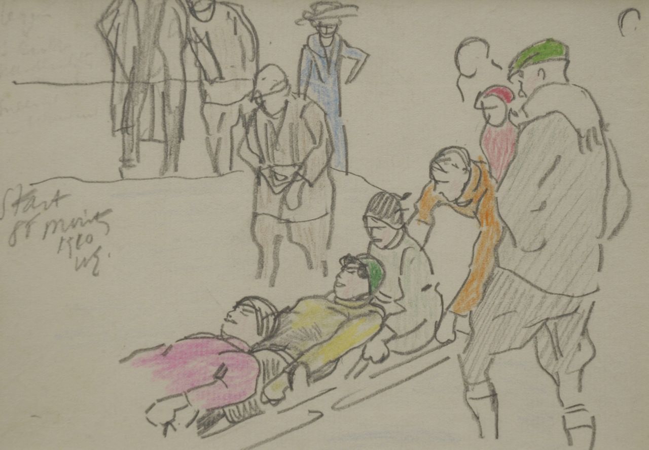 Sluiter J.W.  | Jan Willem 'Willy' Sluiter, Start bobsled race, St Moritz 1910, pencil and coloured pencil on paper 11.6 x 16.2 cm, signed c.l. with initials and dated 1910