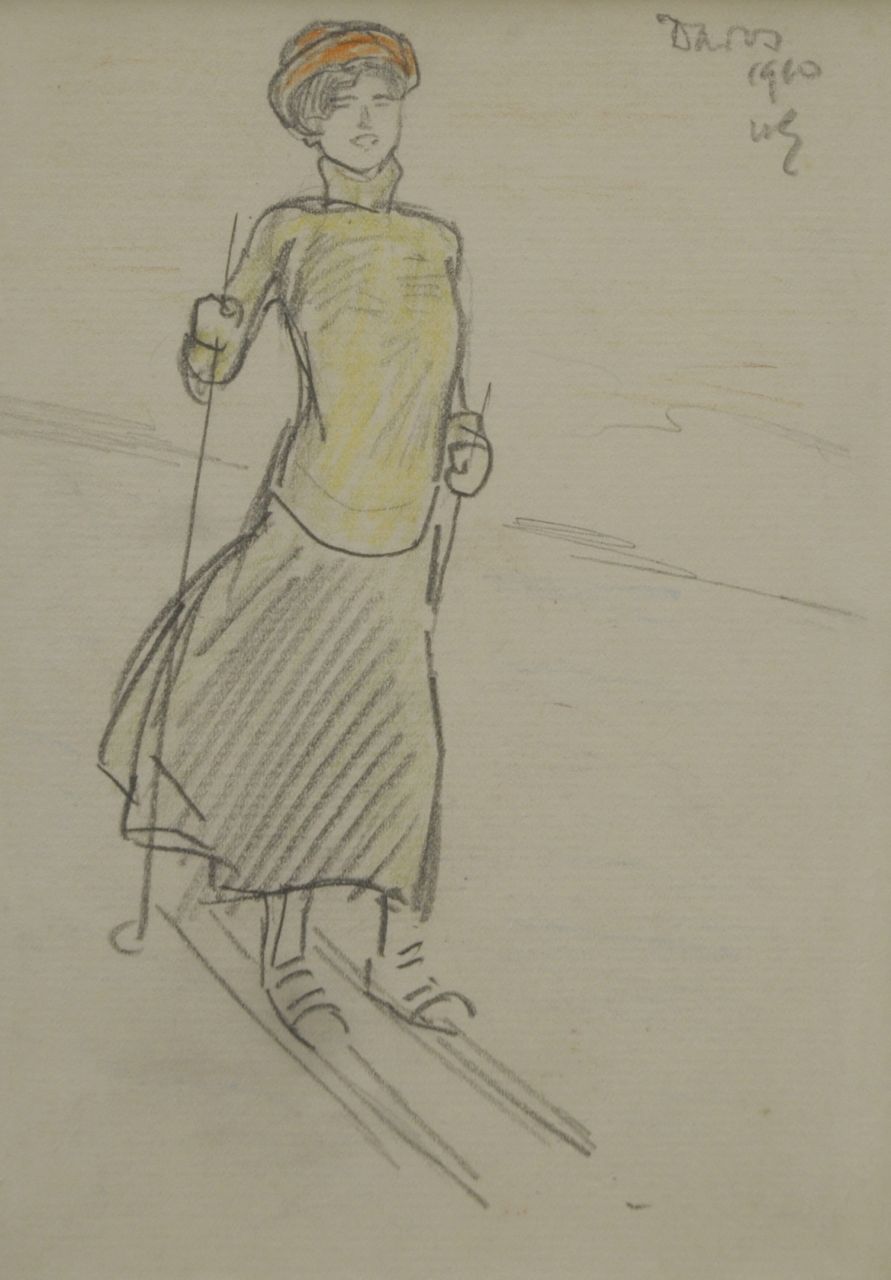 Sluiter J.W.  | Jan Willem 'Willy' Sluiter, A woman skiing, Davos, pencil and coloured pencil on paper 16.2 x 11.2 cm, signed u.r. with initials and dated 1910
