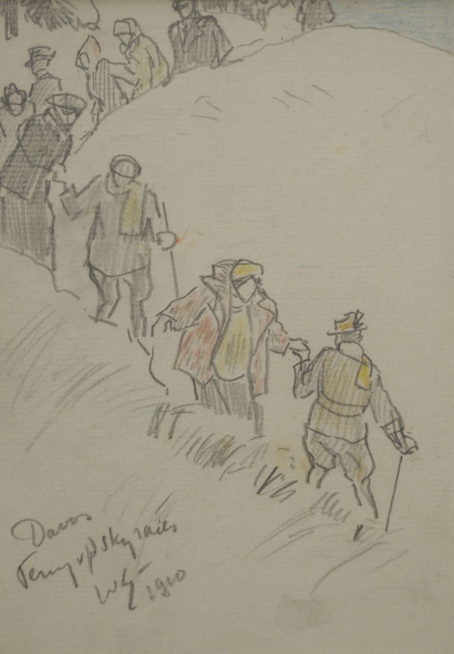 Sluiter J.W.  | Jan Willem 'Willy' Sluiter, Returning from the ski races, Davos, pencil and coloured pencil on paper 17.2 x 12.6 cm, signed l.l. with initials and datedm 1910