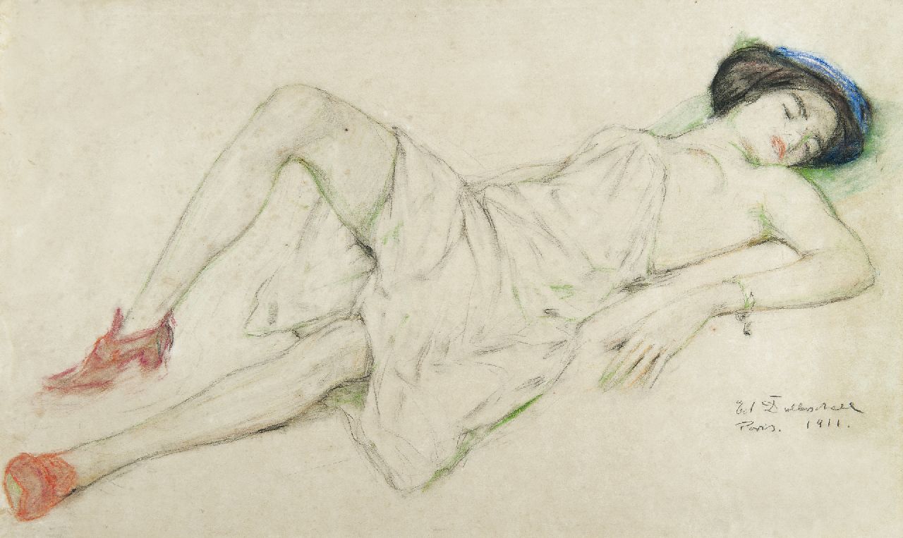 Dollerschell E.  | Eduard Dollerschell, Reclining woman, pastel on paper 36.6 x 63.6 cm, signed l.r. and dated 'Paris' 1911