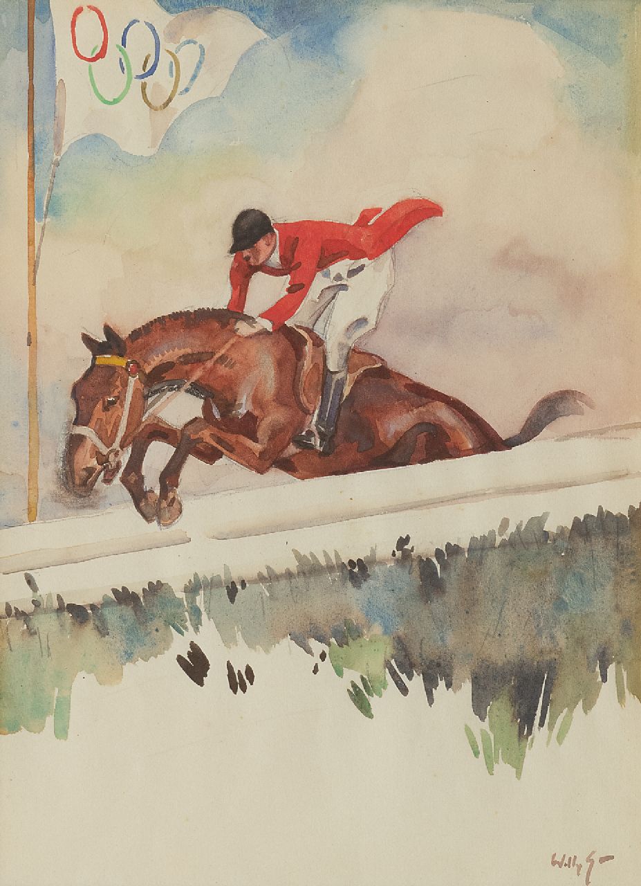 Sluiter J.W.  | Jan Willem 'Willy' Sluiter, Jockey at the Olympic Games 1928, watercolour on paper 31.0 x 22.0 cm, signed l.r. and painted ca. 1928